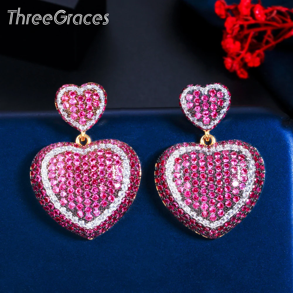 

Женские серьги-подвески в форме сердца ThreeGraces, розовые, красные, с кубическим цирконием, модные вечерние ювелирные изделия ER528