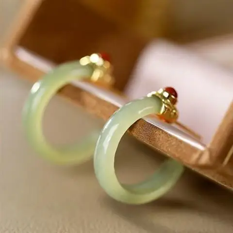 

S925 Sterling Silver Gold-Plated South Red Natural Hetian Jade Contrast Color Special-Interest Design Han Style Hanfu Ring White