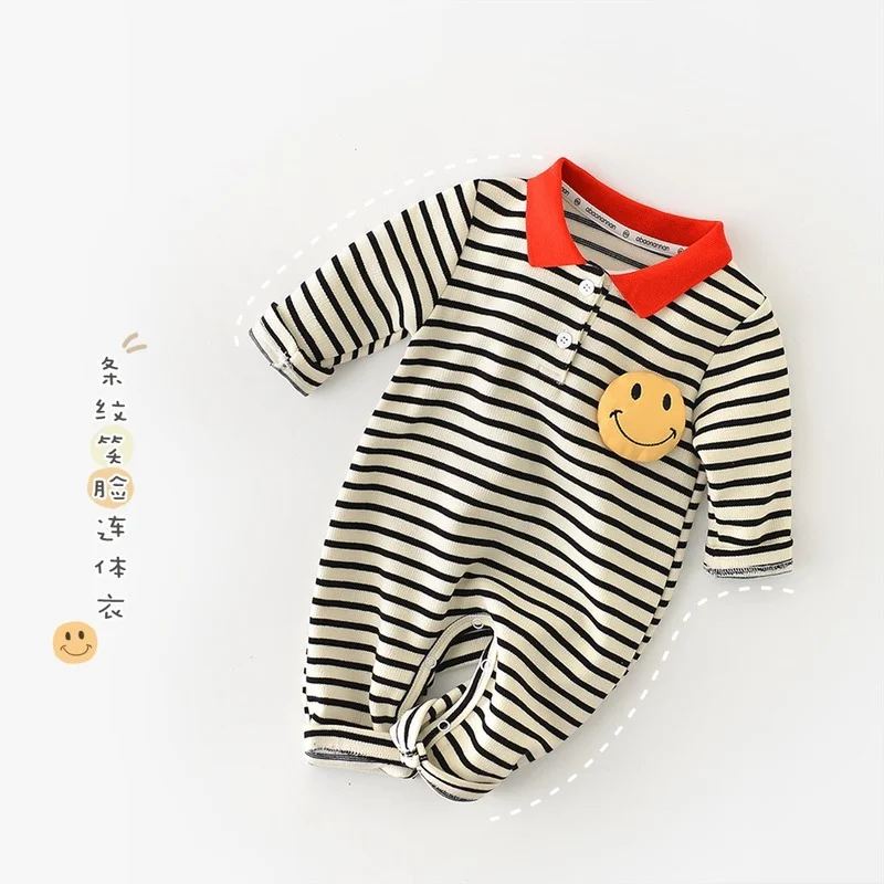 

Striped Cartoon Smiling Face Children's Fashion Autumn New Style Korean Infant Men and Women Small Lapel Romper Jumpsuit