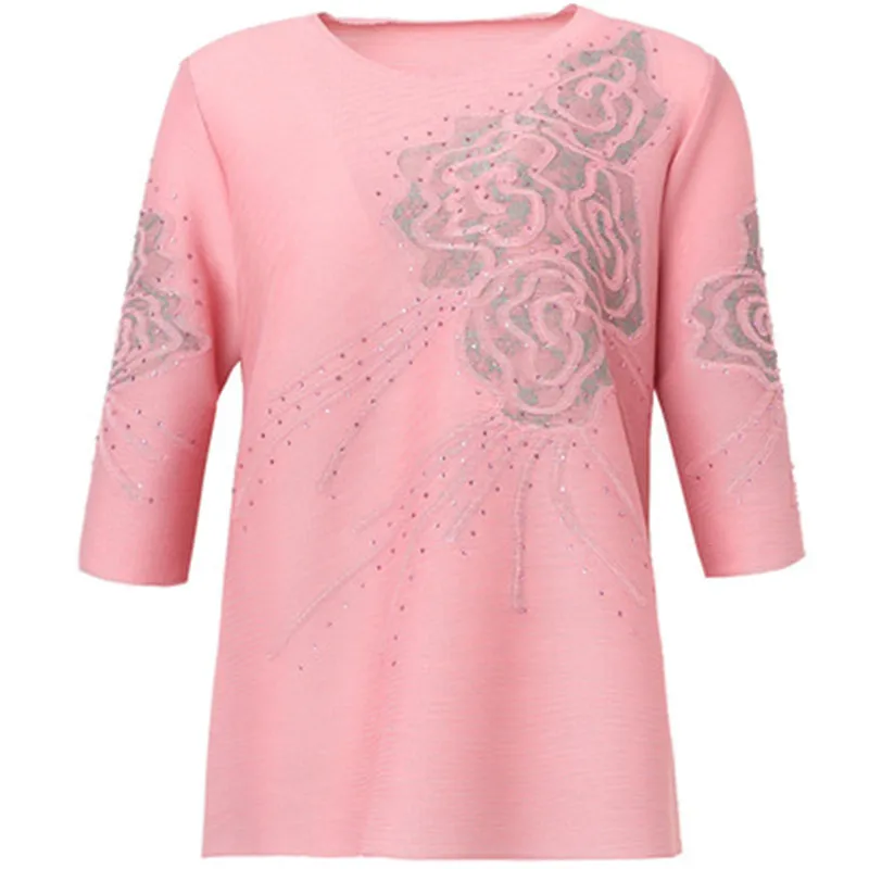 

Pleated spring 2021 female loose large size was thin temperament Miyake fat sister mid-sleeve beaded embroidered top T-shirt