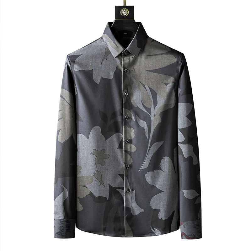 

2021 Autumn Men's Flower Shirt Slim Fit Long Sleeve Casual Shirt Male Business Formal Dress Shirts Social Party Chemise Homme