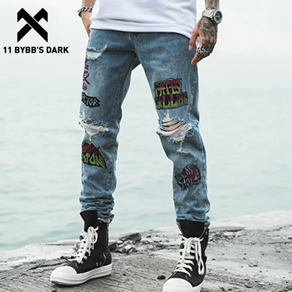 Мужские брюки с граффити 11 BYBB'S DARK повседневные Модные уличные джинсы дырками в