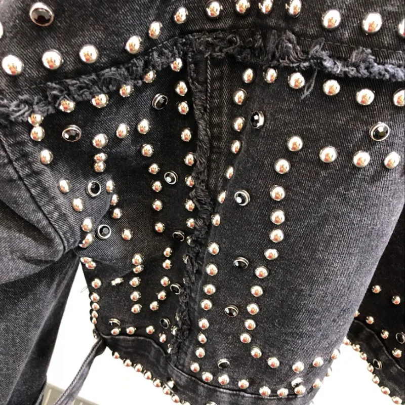 Куртка женская джинсовая с ручными заклепками свободная короткая верхняя одежда