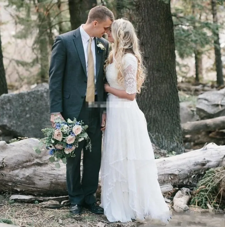 Скромные западные свадебные платья в стиле Country кружевное платье с v образным