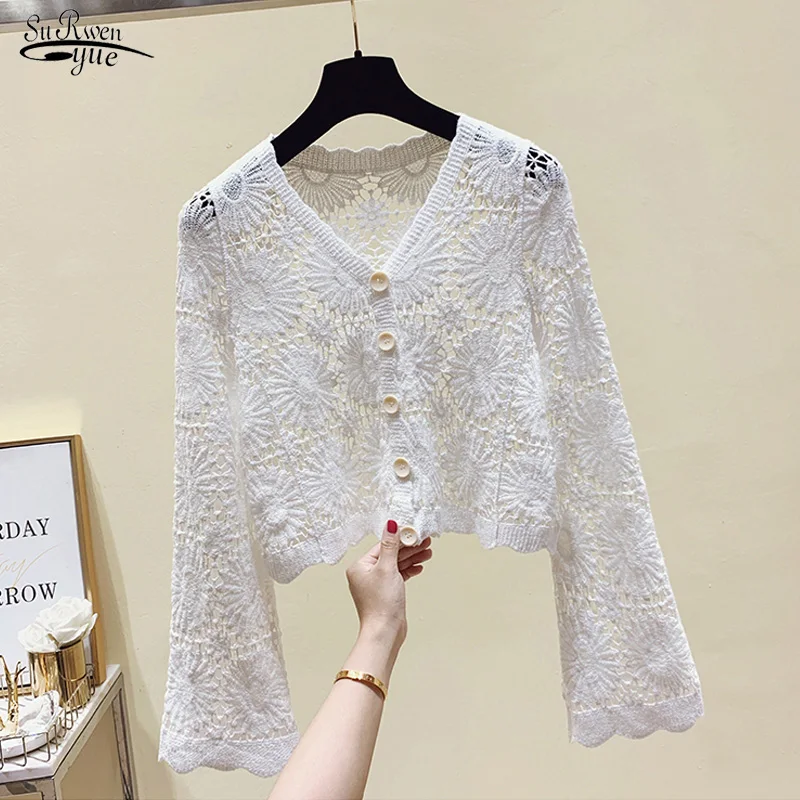 

Fashion Sexy Long Sleeve Slim Blouse Women White Apricot Female Clothing New Hollow Out Button Up Lace Shirt Women Blusas 13636