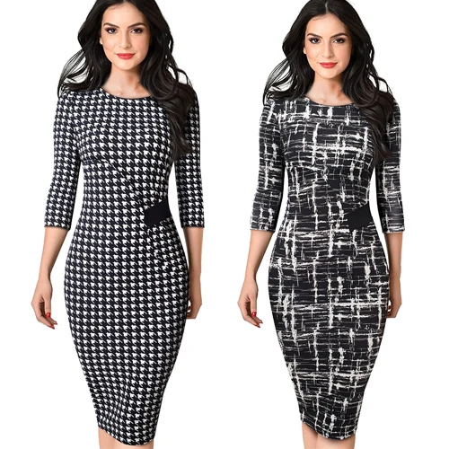 Women Elegant Houndstooth office lady Dress Casual Fitted sheath bodycon Pencil Dress EB543