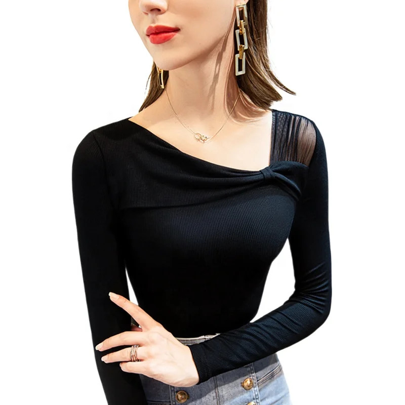 

Inclined Collar Stitching Hollow Long-sleeved Western-style Bottoming Shirt with A Low-neck Wrapped Sexy T-shirt Top