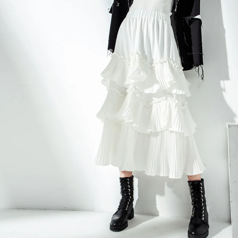 

Женская плиссированная юбка, длинная Однотонная юбка макси с рюшами, с высокой талией, черного и белого цветов, для вечеринок