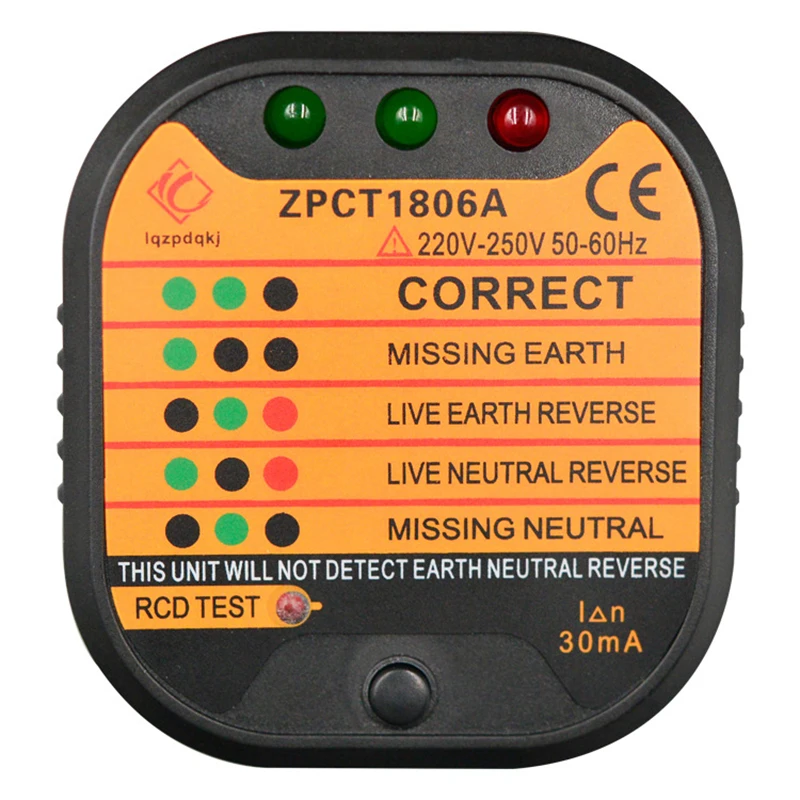 

ZPCT1806B Outlet Socket Tester Detector Circuit Polarity Voltage Plug Breaker Ground Zero Line Switch Safety Electroscope