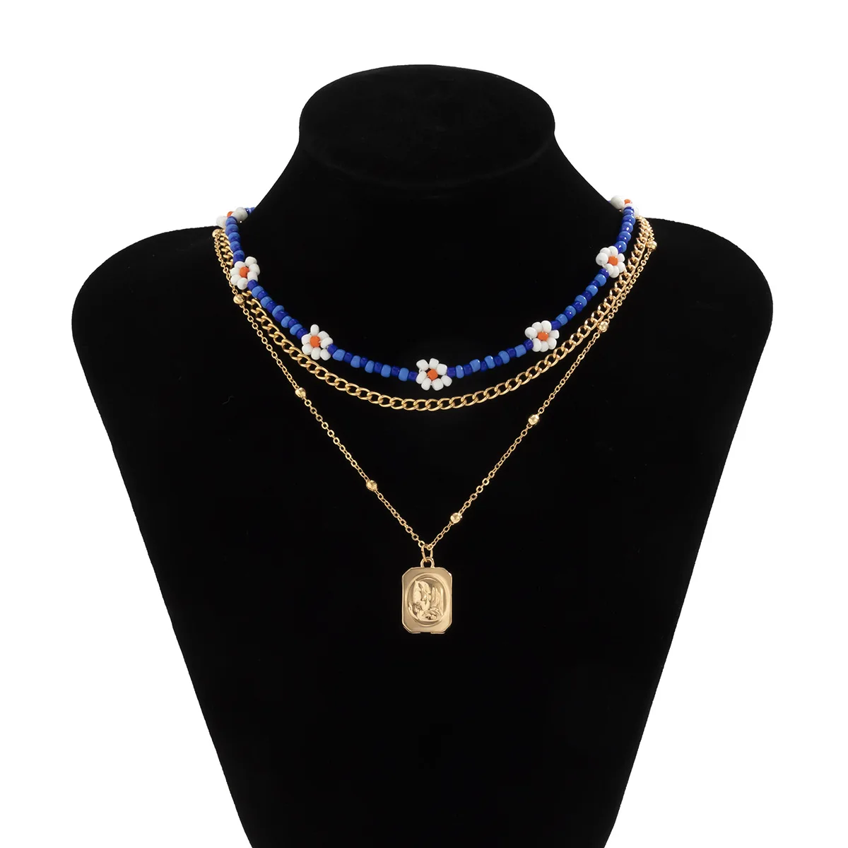 

Boho Multi-layer Gold Color Chain Colorful Beaded Necklace For Women Portrait Pendant Little Daisy Woman's Bead Necklace Jewelry