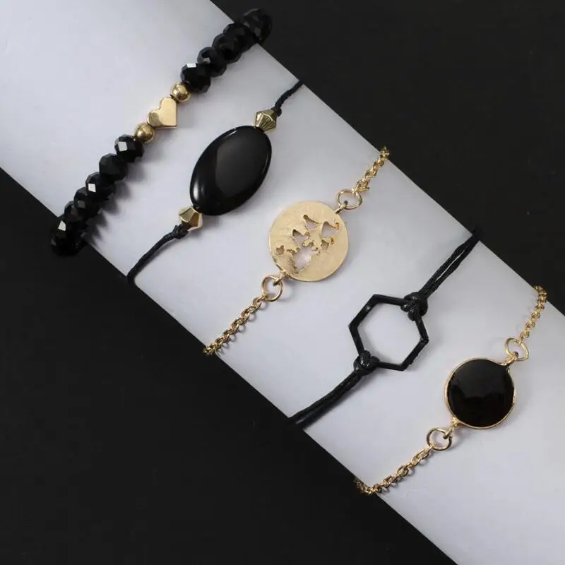 Набор женских многослойных браслетов ручной работы из черных бусин 5 шт. |