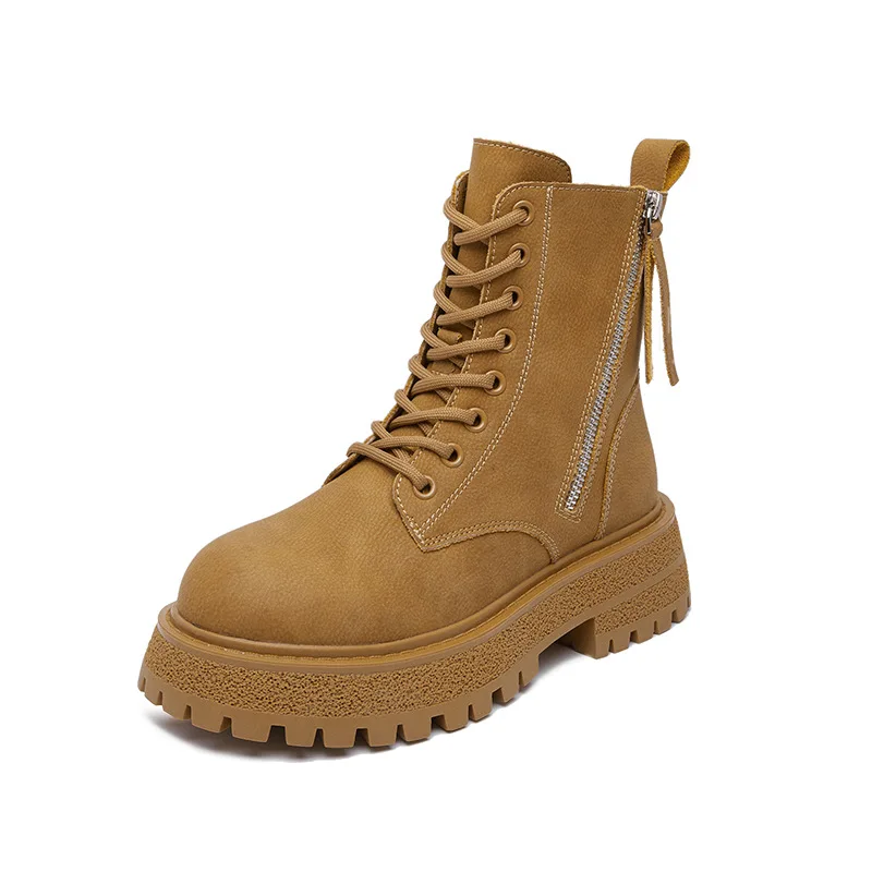 

2021 Increased High Martin Boots Female Leather Plus Velvet Autumn British Wind Thick With Thick Bottom Round Head Zipper Boots