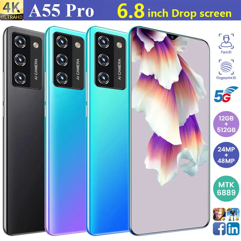 

Hot Sale A55 Pro 18+21MP HD Camera 12 512GB 6.8 Inch 8 Core Andriod10 5000mAh Dual SIM Global Version Galxy Face Unlockd