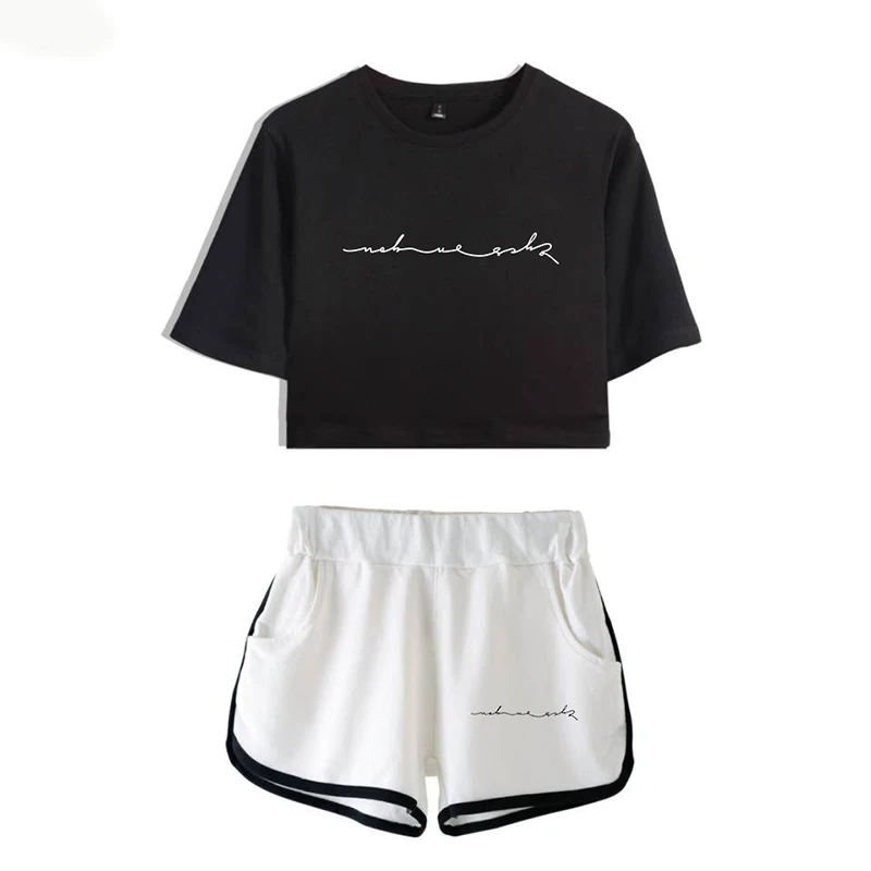 

GOT7 Two Piece Tracksuit Summer New Cotton Printed T shirt Album Woman Suit Fashion Crop Tops+Shorts Pants 2019