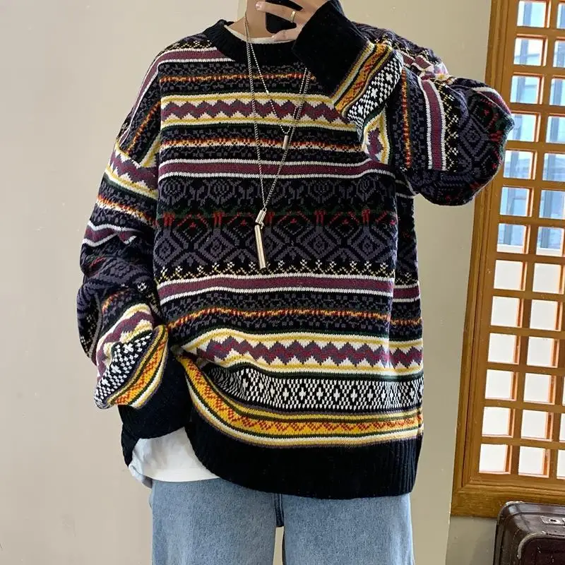 

Sweater men's loose round neck long sleeve personalized sweater lazy wind bottomed sweater spring and autumn winter