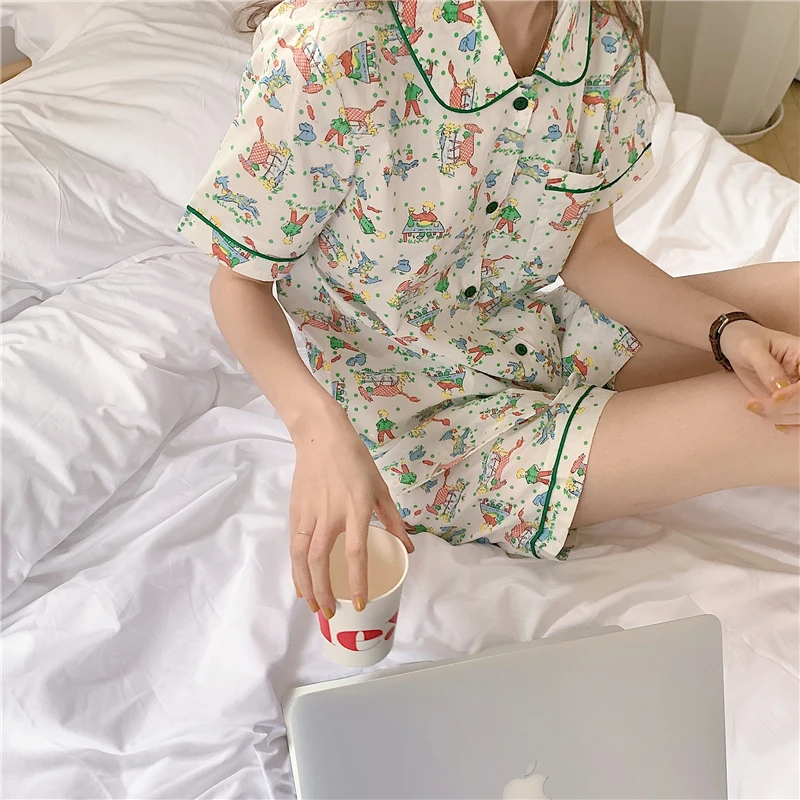 

CBAFU cartoon print pajama set women sleepwear 2 piece set summer home clothes short sleeve tops shorts pijamas loungewear M964