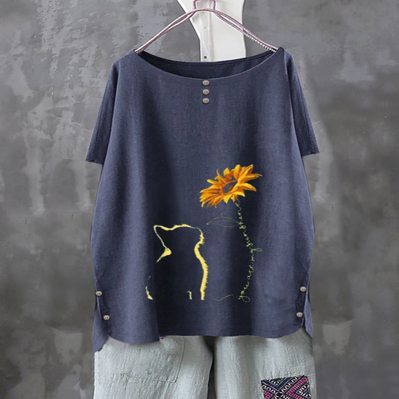 M-5XL de algodón de manga corta para mujer, blusa holgada informal de talla grande con cuello redondo, talla grande