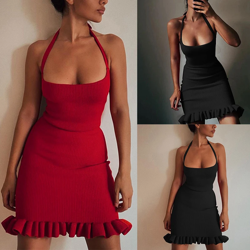 

Vintage Halter Tie Up Knitted Bodycon Dress Elegant Party Backless Vestidos Women Sleeveless Ruffles Mini Pencil Dresses