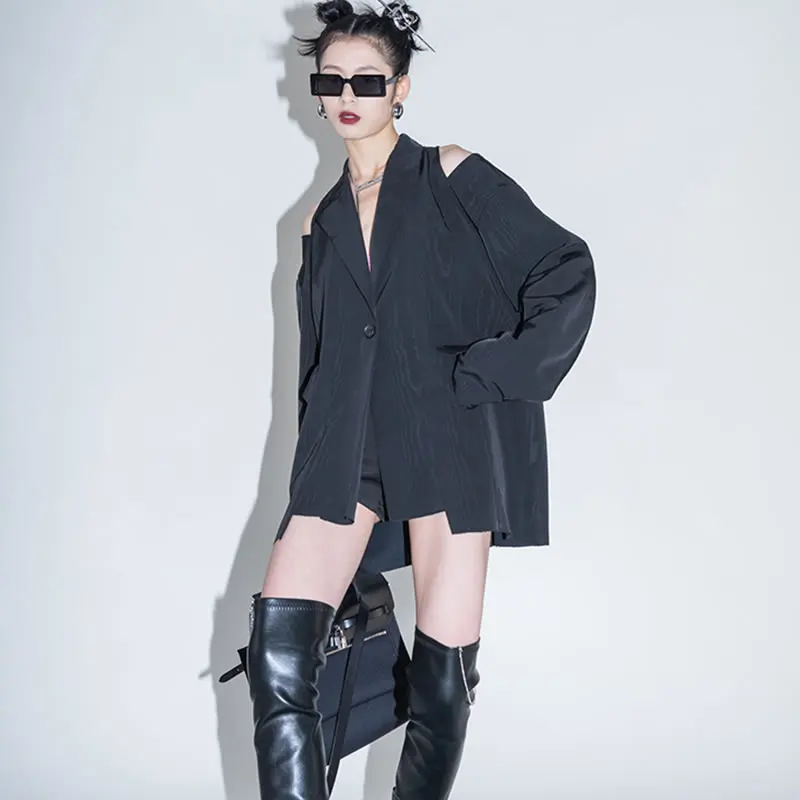 

XITAO Patchwork Casual Blazer Women Tide Fashion New Style Notched Collar Long Sleeve Off Shoulder Personality Black Coat ZY5752