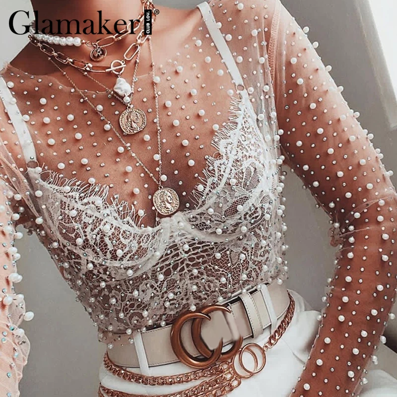 Сексуальная клубная белая блузка Glamaker женская прозрачная шикарная вязаная с