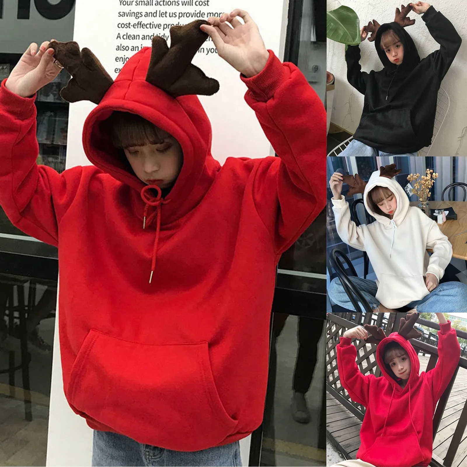 

Fashion Women Christmas Hooded Hoodie Antlers Cute Design Pullover Sweatershirt Women Streetwear Drawstring Aesthetic Hoodies
