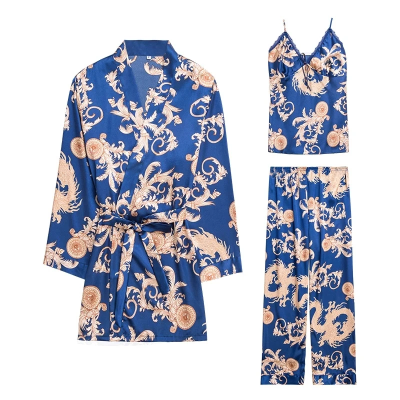 

Ice Silk Nightdress Female Three Piece suit Summer Thin Loose Long Sleeved High End Imitation Silk Pajamas Dress Home Service