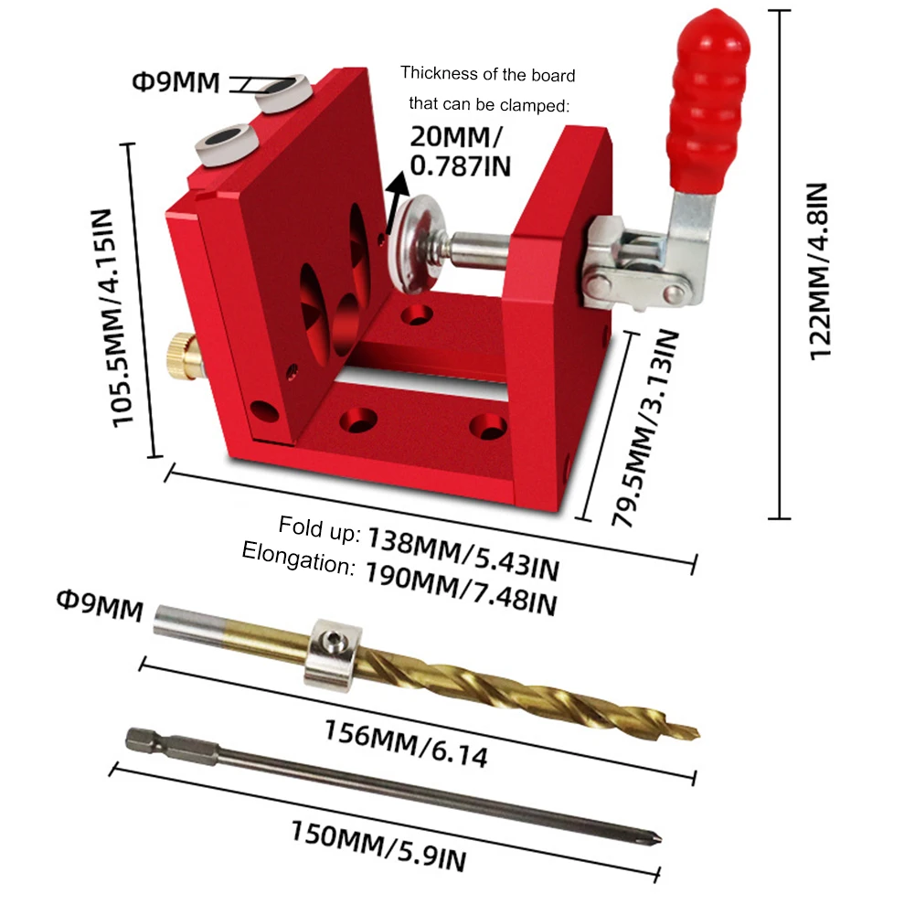 

Adjustable Doweling Jig Pocket Hole Drill Guide Locator Oblique Hole Drilling Kit Carpentry Dowel Joints Hole Puncher with Drill