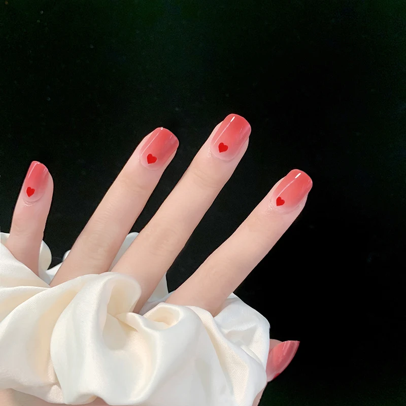 

24pcs Red Heart Shape Wear Short Paragraph Fashion Manicure Patch False Nails Save Time Wearable Nail Patch FRE-Drop