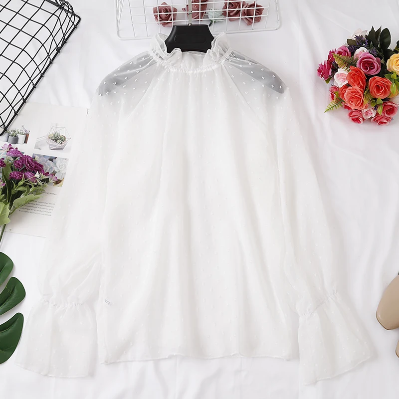 

Women Flare Sleeve Hollow Out Polka Dot Lace Flower Basic Ruffles Shirt Vintage Elastic Slim Chiffon Mesh Pullover Blouse Tops