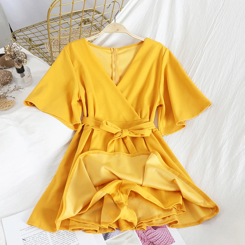 Женское платье с высокой талией повседневное однотонное v-образным вырезом и