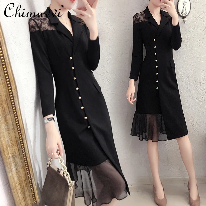 

Early Autumn 2021 Korean Style Elegant Lace Dress Women Slimming Hepburn Style Black Dress Office Lady Mesh Over Knee Dress
