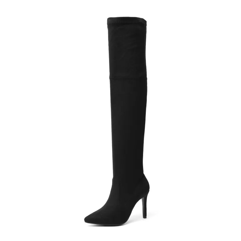 black flock BONJOMARISA/Новые Сапоги выше колена с острым носком, размеры 34-43 пикантные женские сапоги до бедра г. Женская обувь на высоком каблуке для свиданий - Цвет: black flock