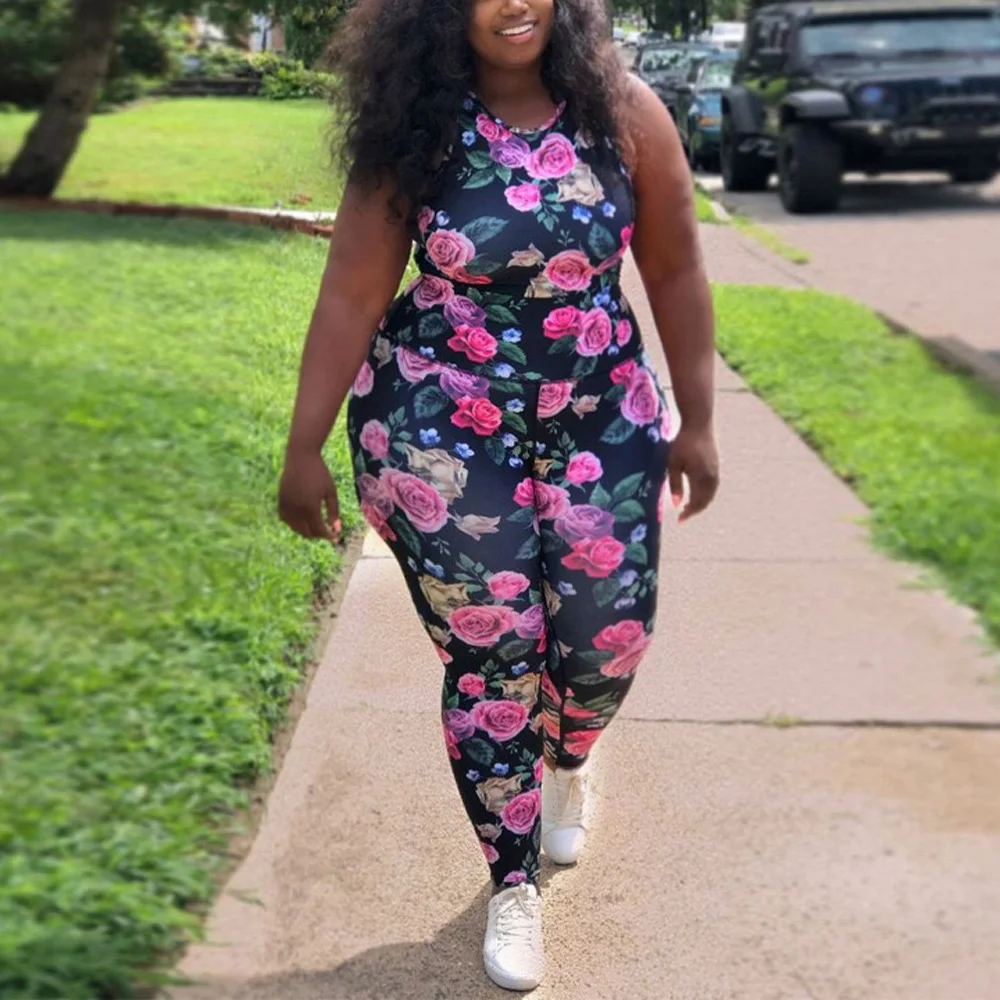 

Women Sets New Arrival 2021 Floral Print Sleeveless Bodycon Tops & Pants 3xl 4xl Big Size Two Pieces Outfits Large Matching Sets