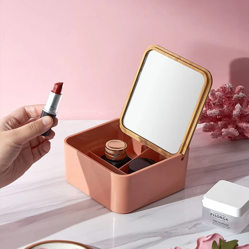 

Fashion Jewelry Storage Box with Makeup Mirror Earrings Ring Necklace Case Jewel Packaging Travel Cosmetics Beauty Organizer
