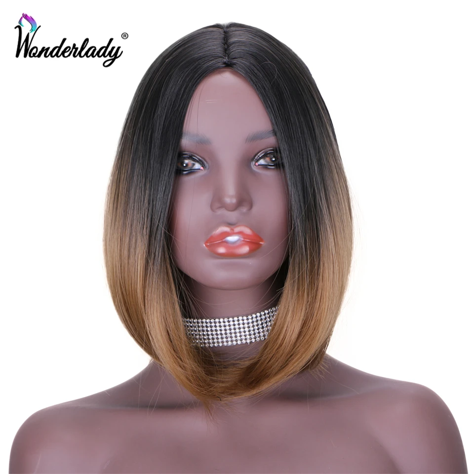 

WonderLady Synthetic Bob Wigs For Black Women Ombre Colored Brown Burg Short Straight Hair Machine Made Glueless Middle Part 14"