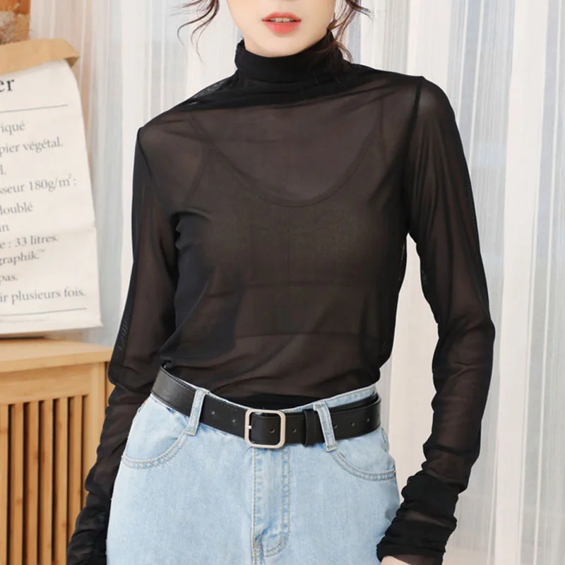 

2021 Summer Fashion Mesh Blouse Women Tops Transparent Shirt Club Tees Hip Hop Stand Collar Long Sleeve T Shirts Hot Sale