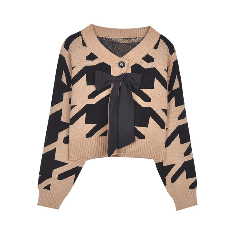

Bowknot Knit Cardigan Women Fashion O-Neck Geometric Outwear 2021 Spring Autumn Winter Harajuku Crop Tops Korean Sweater Female