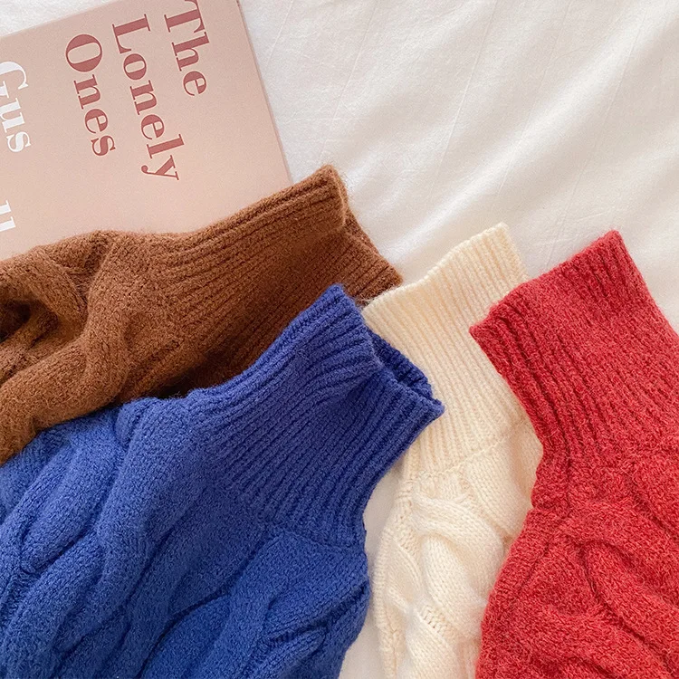 

Winter cute knitted soft warm sweaters for girls 2020 fashion twisted loose 4 colors high collar sweater
