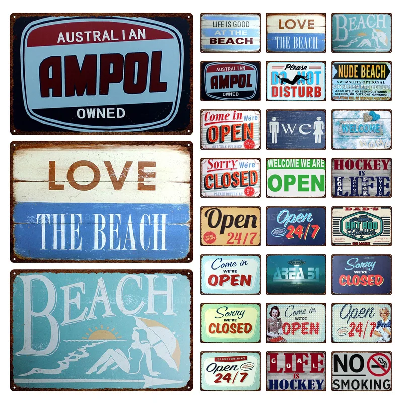 

Retro Poster Beach Warning Vintage Shabby Painting No Smoking Tin Sign Metal Plaque Plate For Decorating WC And Living Room