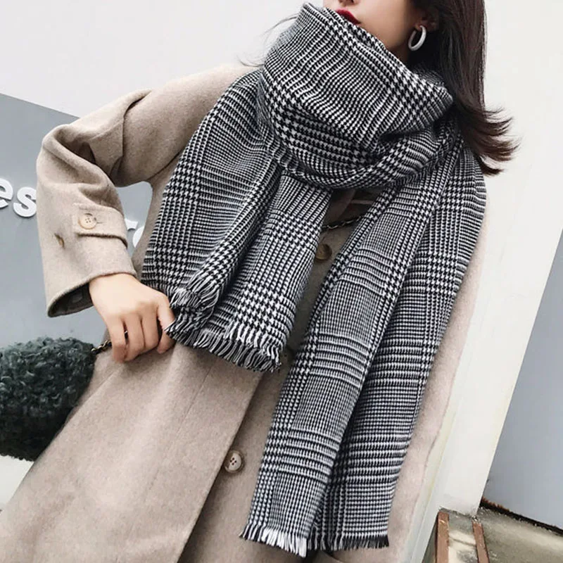 

Scarves For Ladies 2020 Winter Knitting Large Plaid Scarf Shawl Warmth Thickening Soft Tassel Lovers Bib Unisex Muffler