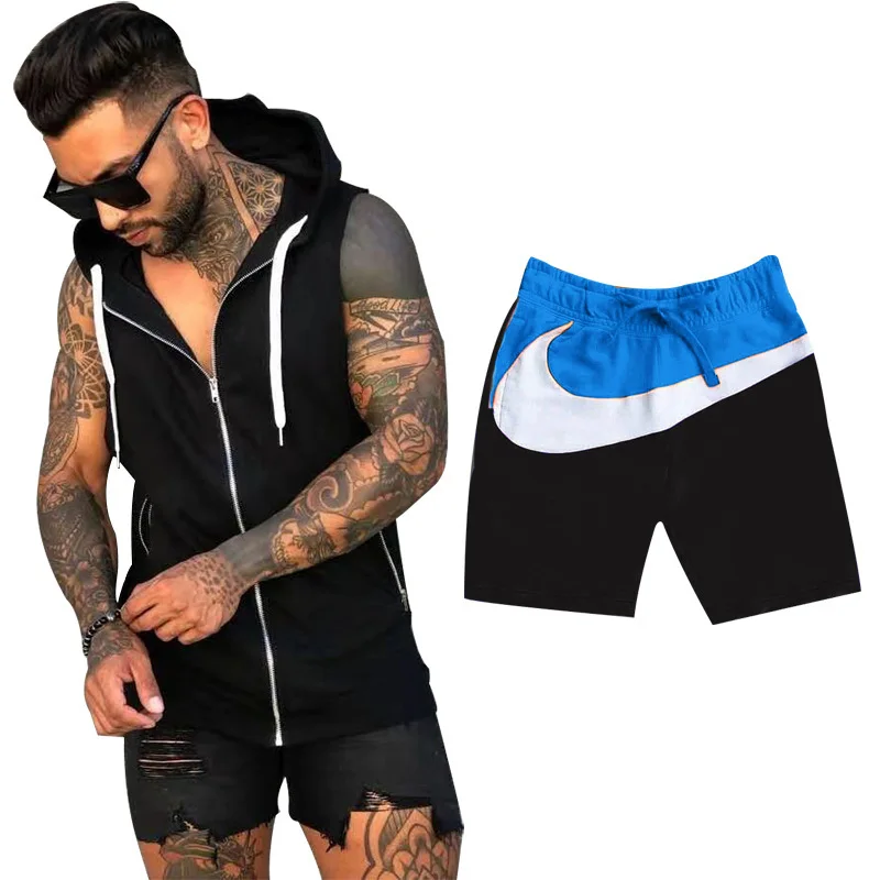 

2021 New Men's Summer Sleeveless Waistcoat Street Trend Solid Color Spliced Shorts Fashion Leisure Suit