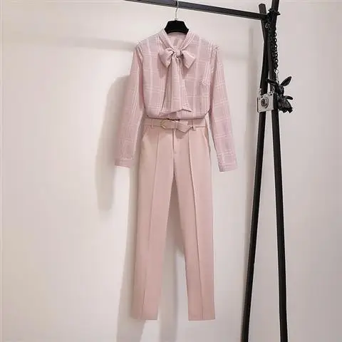 

2021 Spring Autumn 2 Piece Set Women Bow Shirt Knee-Length Pants Outfits Office Lady Solid Casual Suit Clothing for Female D97