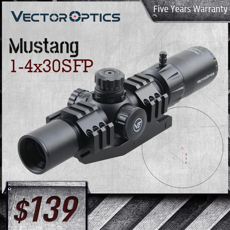 

Оптический прицел Vector Optics Mustang 1-4x30SFP 1/2 MOA, регулировка с блокировкой турели, 3 цвета подсветки для прицела AR 15 M4