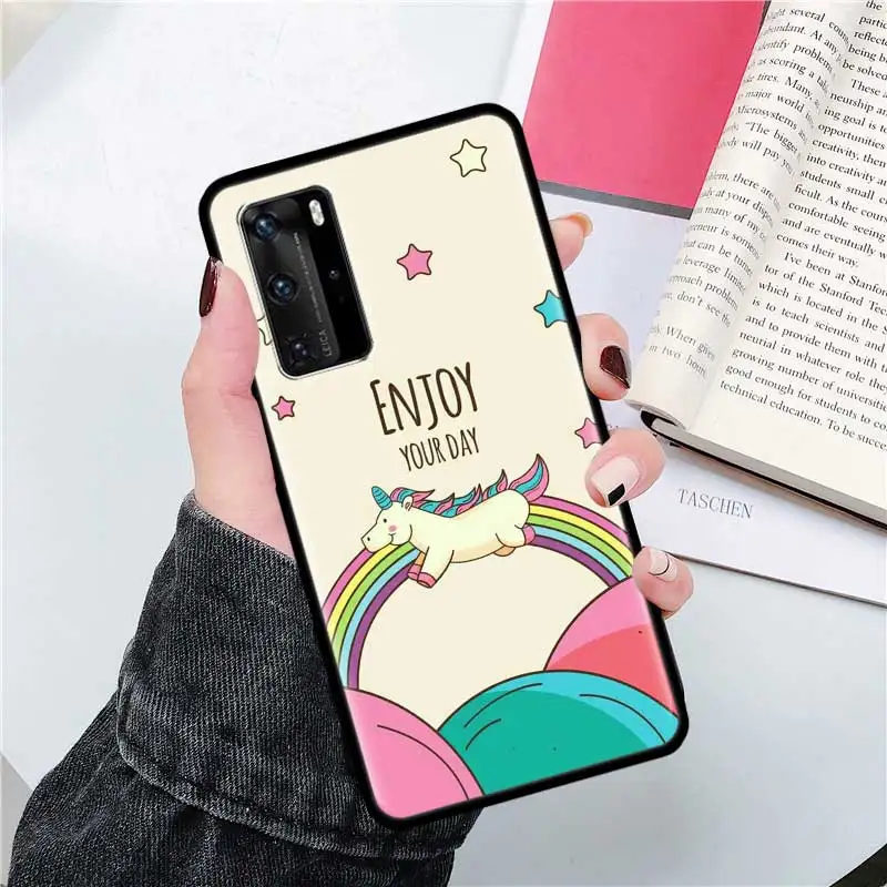 

Unicorn On Rainbow Cover For Huawei P30 P40 Lite E 5G P20 P Smart Plus 2019 Mate 10 20 Pro Black Carcasa Phone Cases