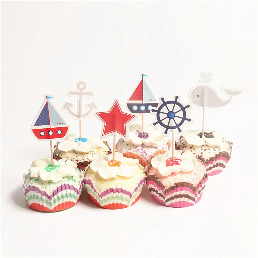 24PCS Ocean Sailing Yacht Whale Stars Ship Cupcake Toppers Pick Baby Kids Shower Birthday Wedding Party Cake Decoration Supplies - купить по