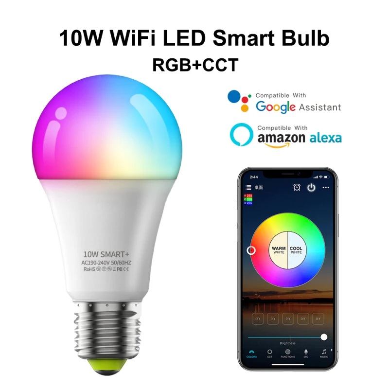

AUBESS 10W WiFi Smart Light Bulb E27 LED RGB Lamp RGB+CCT Dimmable Timer Function Magic Bulb Work With Alexa Google Home