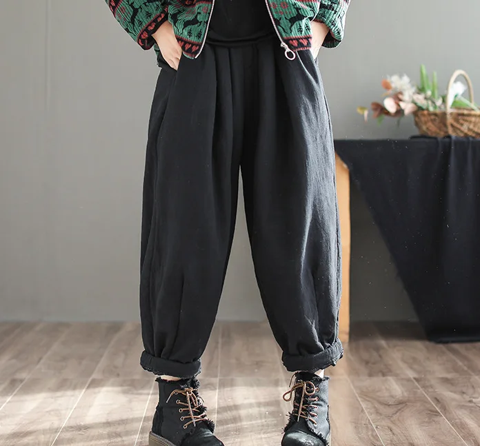 Осень Зима Брюки Ретро женские большие размеры свободные брюки с подкладкой 2019