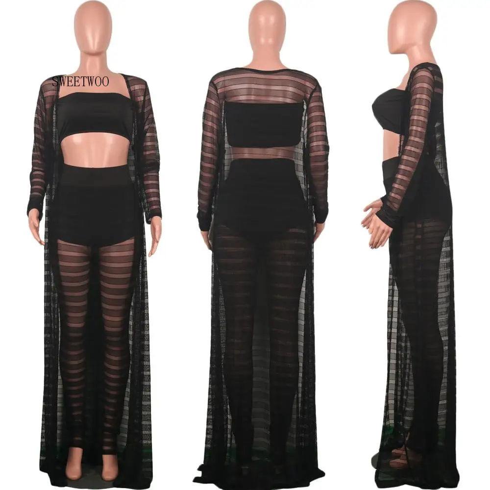 Женский сетчатый костюм тройка в полоску привлекательный облегающий без