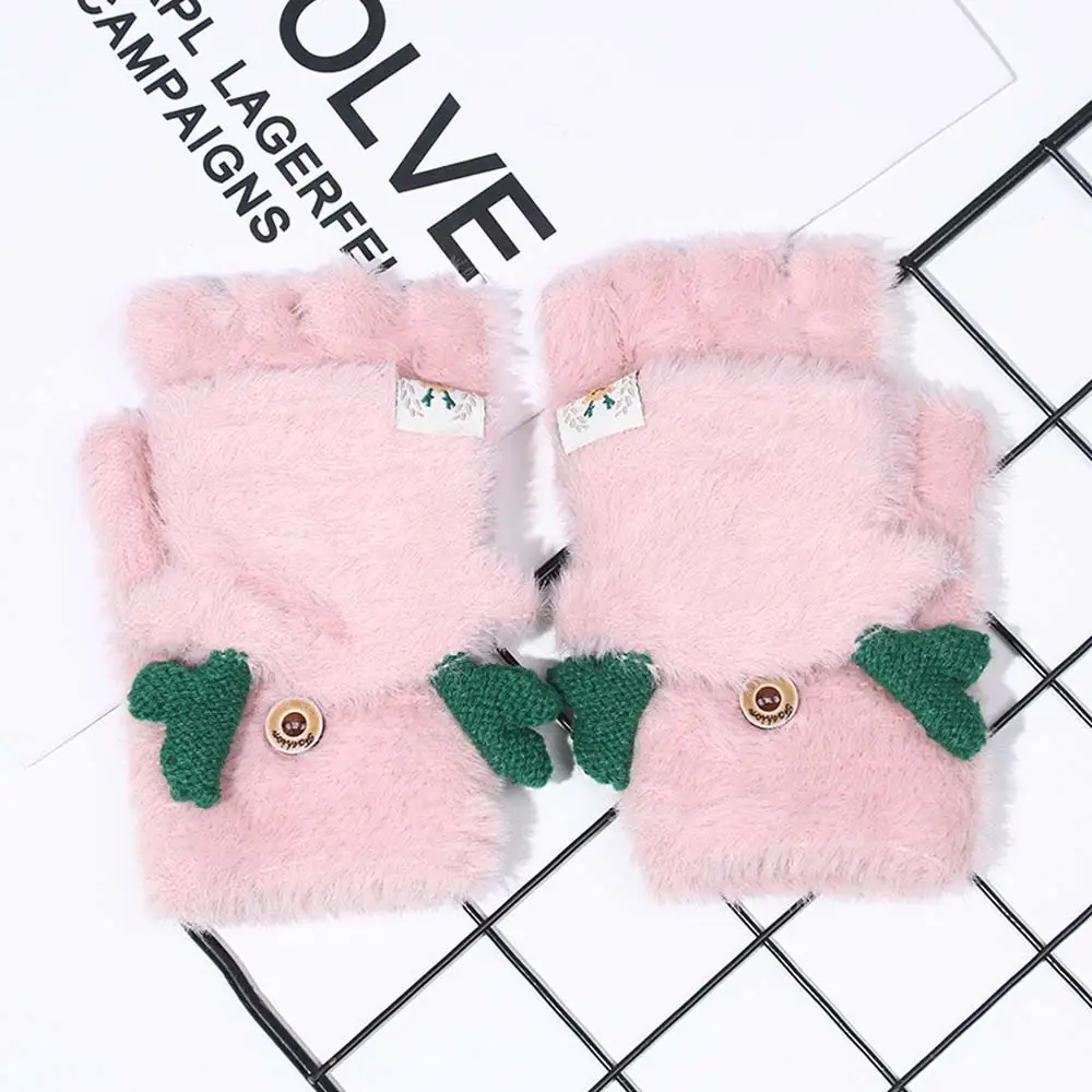 Женские зимние теплые перчатки для сенсорных экранов без пальцев с милым