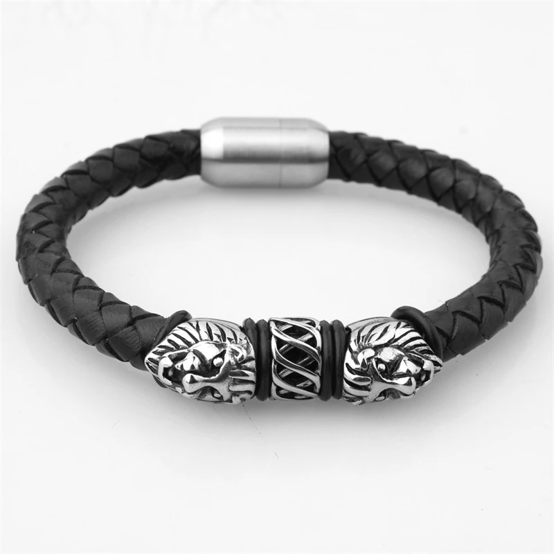 

Black leather rope leather woven lion head Bracelet alloy button men's bracelet versatile accessories